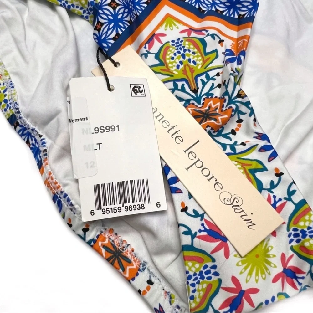 Nanette Lepore Patchwork Siren Printed Bikini Swim Bottoms Blue Size 12